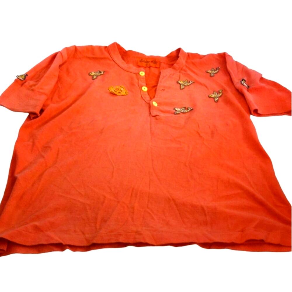Vintage 70s Elaine Post Orange Nautical Applique Henley Tee Boho Hippie Medium